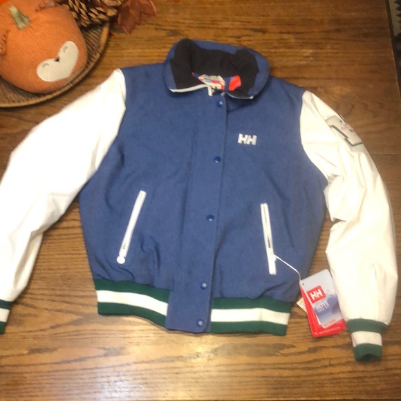 NWT Helly Hansen Apres Ski Varsity Jacket Deep Fjord Denim size medium - Picture 2 of 16